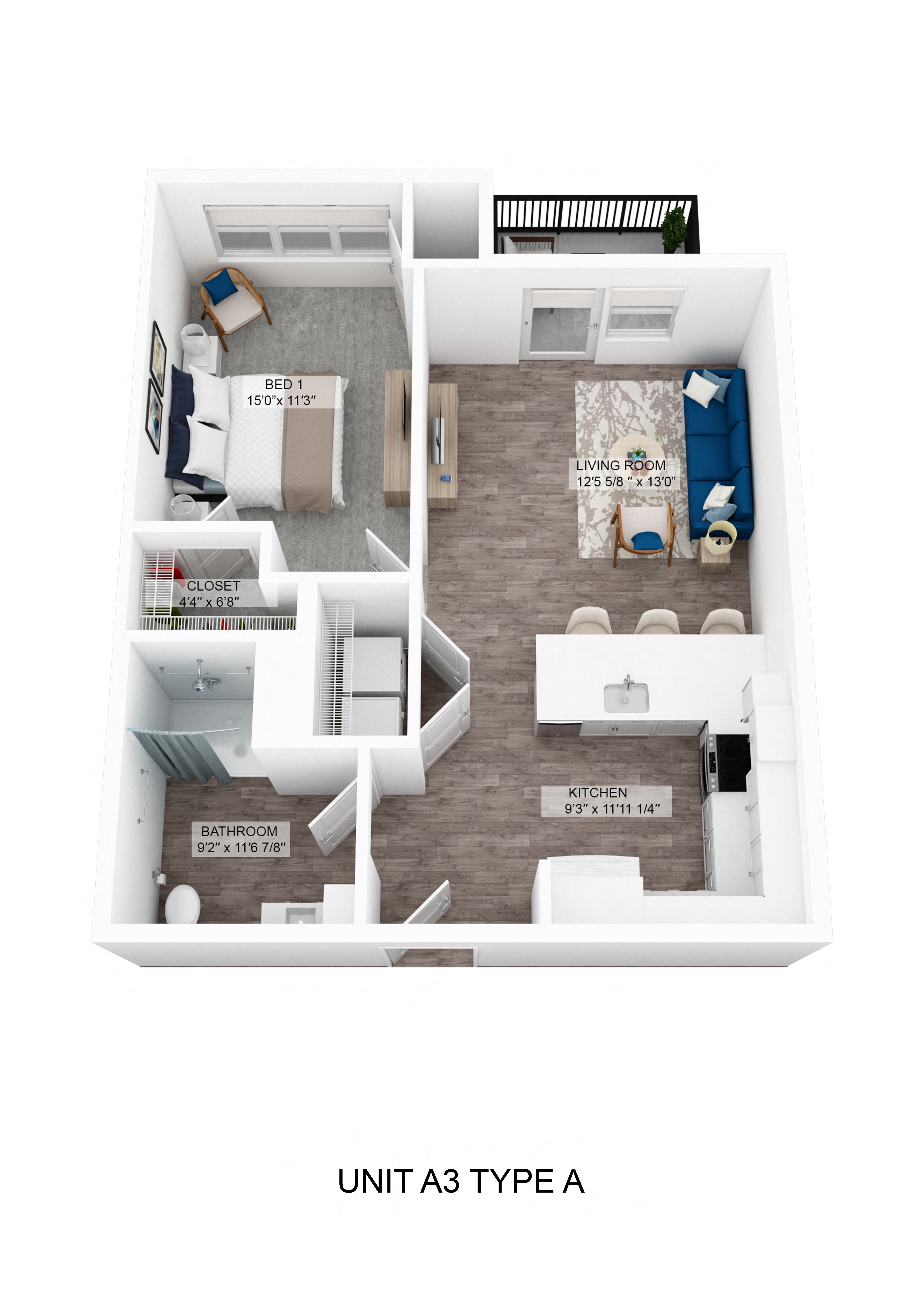 Floor plan for 1 bed, 1 bath, 713 sqft
